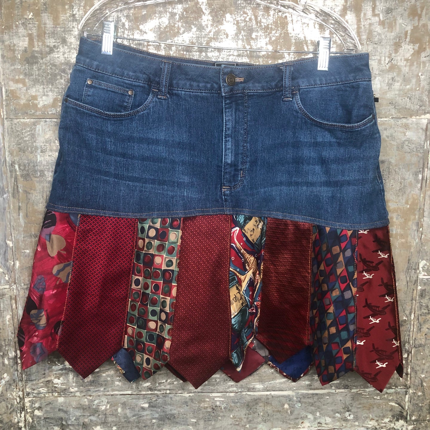 deep blue denim + deep reds tie skirt, (size 14/16)