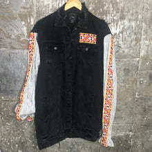 Load image into Gallery viewer, black oversized distressed denim jacket + striped balloon bells
