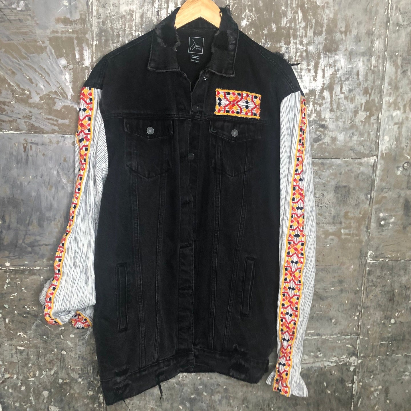 black oversized distressed denim jacket + striped balloon bells