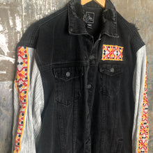 Load image into Gallery viewer, black oversized distressed denim jacket + striped balloon bells
