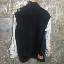 Load image into Gallery viewer, black oversized distressed denim jacket + striped balloon bells
