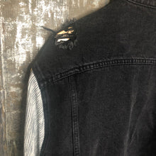 Load image into Gallery viewer, black oversized distressed denim jacket + striped balloon bells
