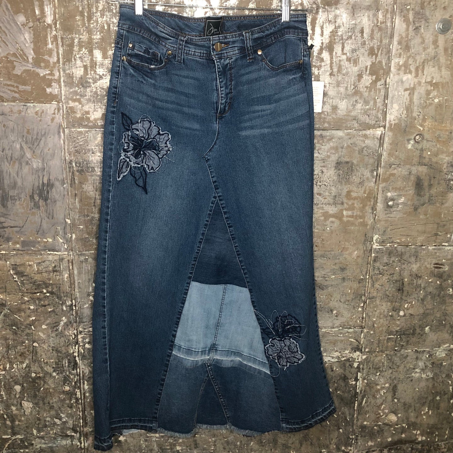 dark denim maxi skirt, (size 8)