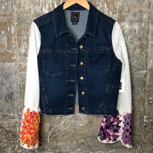 Load image into Gallery viewer, rag bottom blue + granny square denim jacket
