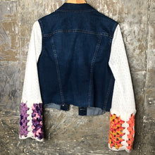 Load image into Gallery viewer, rag bottom blue + granny square denim jacket
