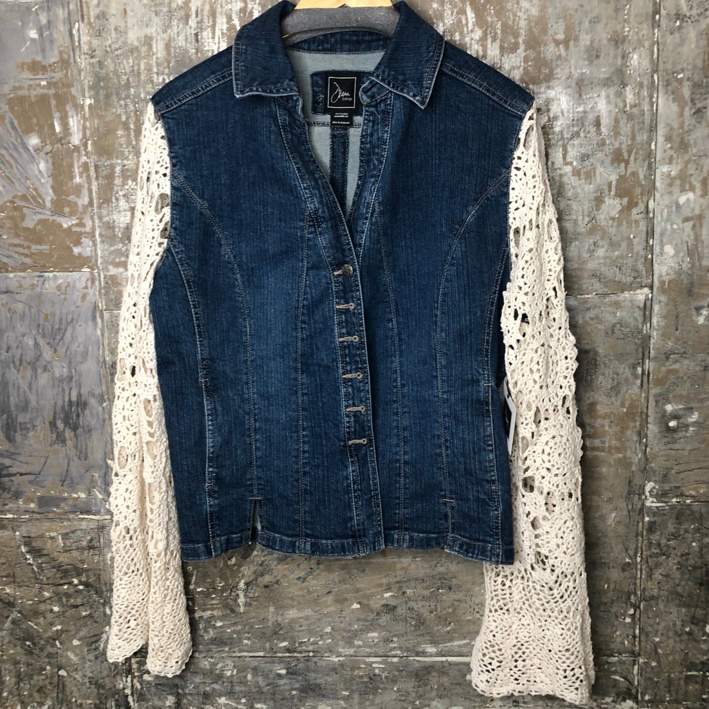 vintage crochet lace bells + v-neck denim jacket