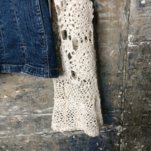 Load image into Gallery viewer, vintage crochet lace bells + v-neck denim jacket
