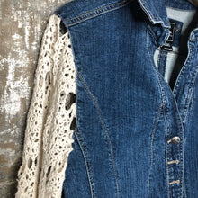 Load image into Gallery viewer, vintage crochet lace bells + v-neck denim jacket
