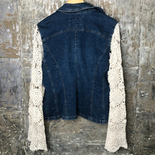 Load image into Gallery viewer, vintage crochet lace bells + v-neck denim jacket
