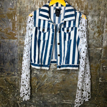 Load image into Gallery viewer, white lace +striped cropped denim jacket
