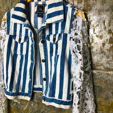 Load image into Gallery viewer, white lace +striped cropped denim jacket
