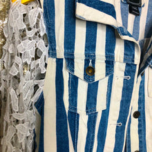 Load image into Gallery viewer, white lace +striped cropped denim jacket
