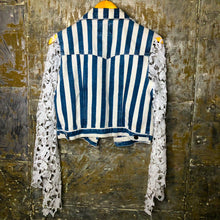 Load image into Gallery viewer, white lace +striped cropped denim jacket

