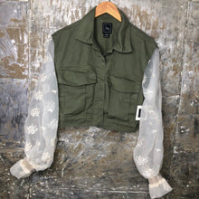 Load image into Gallery viewer, tough + tender cropped military denim jacket
