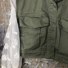 Load image into Gallery viewer, tough + tender cropped military denim jacket
