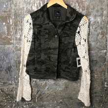 Load image into Gallery viewer, vintage crochet lace + subtle deep olive camo jacket
