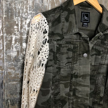 Load image into Gallery viewer, vintage crochet lace + subtle deep olive camo jacket
