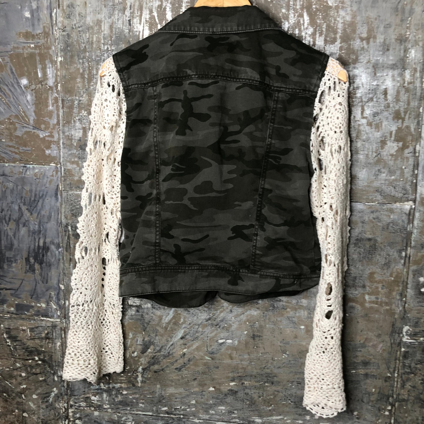 vintage crochet lace + subtle deep olive camo jacket