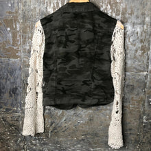 Load image into Gallery viewer, vintage crochet lace + subtle deep olive camo jacket
