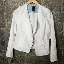 Load image into Gallery viewer, eyelet bells + feminine tailored white denim jacket
