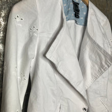Load image into Gallery viewer, eyelet bells + feminine tailored white denim jacket
