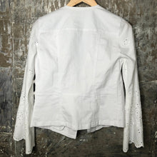 Load image into Gallery viewer, eyelet bells + feminine tailored white denim jacket
