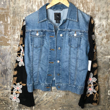 Load image into Gallery viewer, black + bold daisies light wash denim jacket
