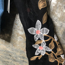 Load image into Gallery viewer, black + bold daisies light wash denim jacket
