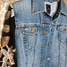 Load image into Gallery viewer, black + bold daisies light wash denim jacket
