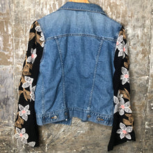 Load image into Gallery viewer, black + bold daisies light wash denim jacket
