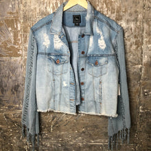 Load image into Gallery viewer, powder blue textured fringed bell + distressed boxy jacket
