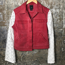 Load image into Gallery viewer, white lace + nantucket red denim jacket
