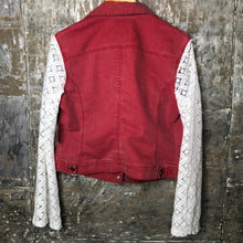 Load image into Gallery viewer, white lace + nantucket red denim jacket
