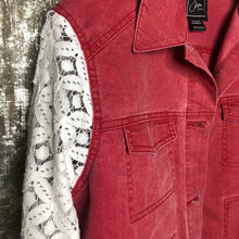 Load image into Gallery viewer, white lace + nantucket red denim jacket
