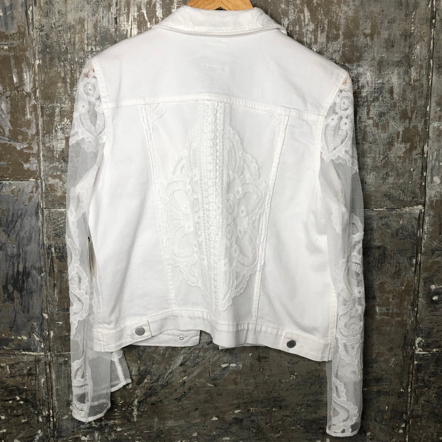 white lace + white denim jacket