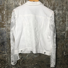 Load image into Gallery viewer, white lace + white denim jacket
