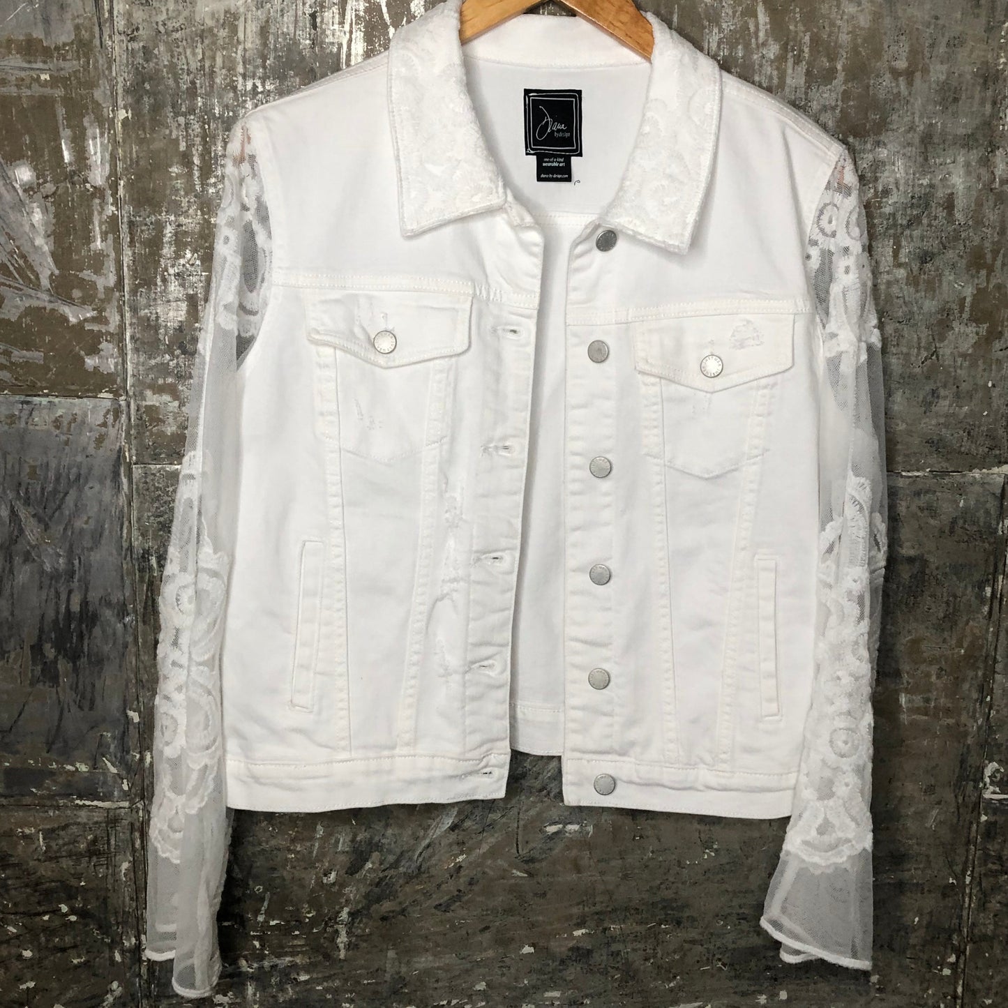 white lace + white denim jacket