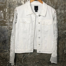 Load image into Gallery viewer, white lace + white denim jacket
