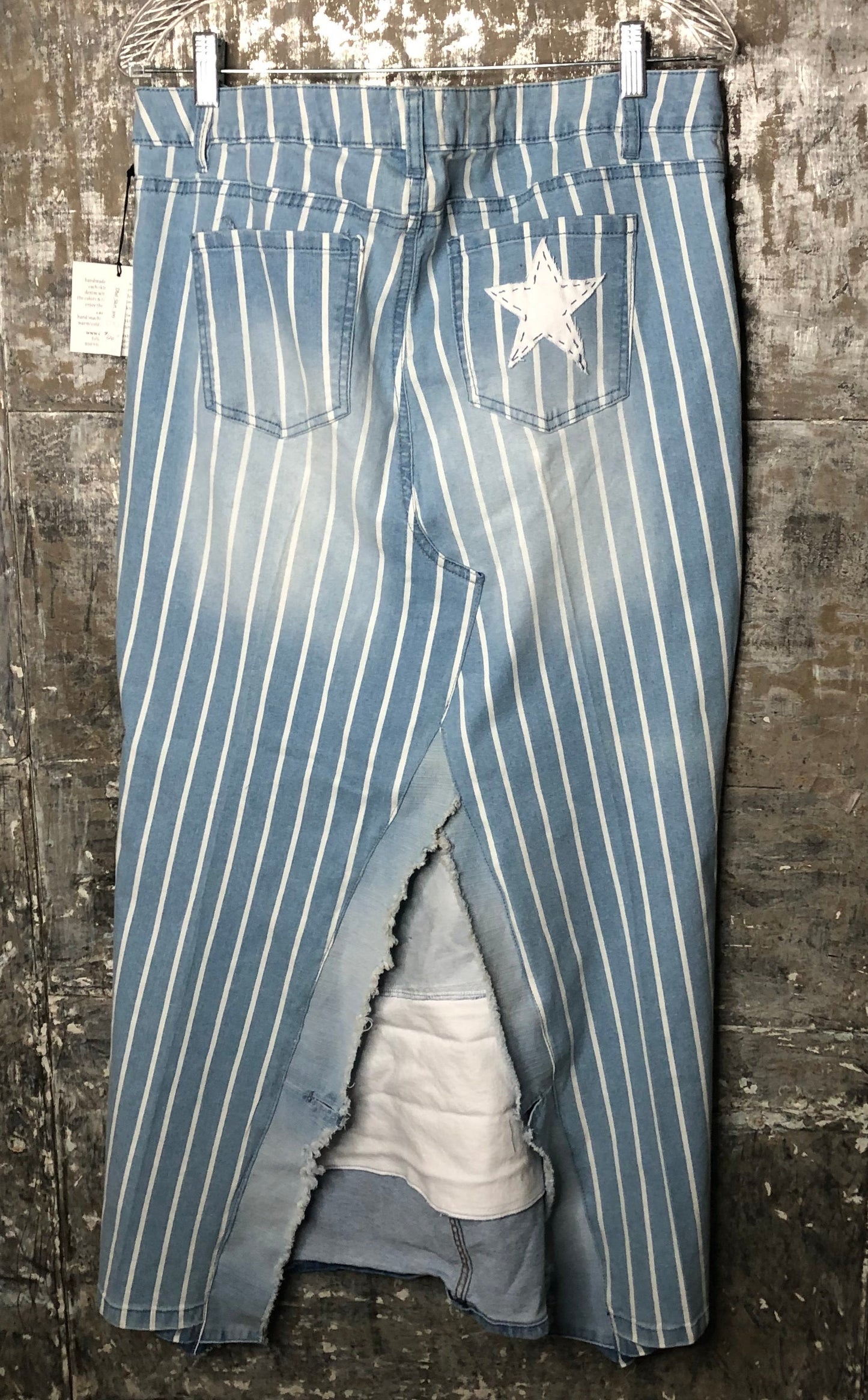 light blue striped maxi denim skirt, (size 12-14)