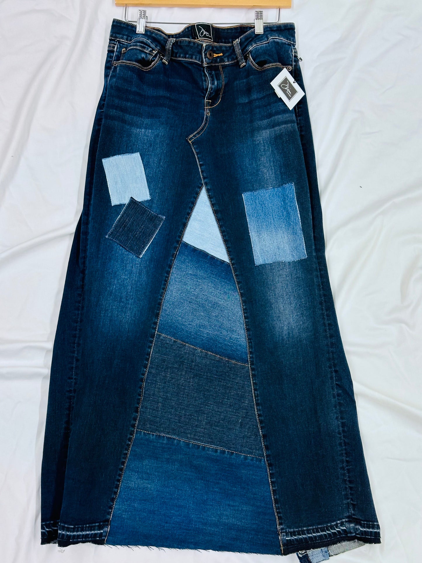 designer dark patched denim maxi skirt, [8/29]