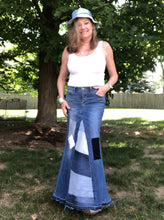 Load image into Gallery viewer, long blue patchy denim maxi skirt, (size 8)
