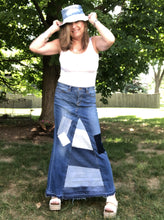 Load image into Gallery viewer, long blue patchy denim maxi skirt, (size 8)
