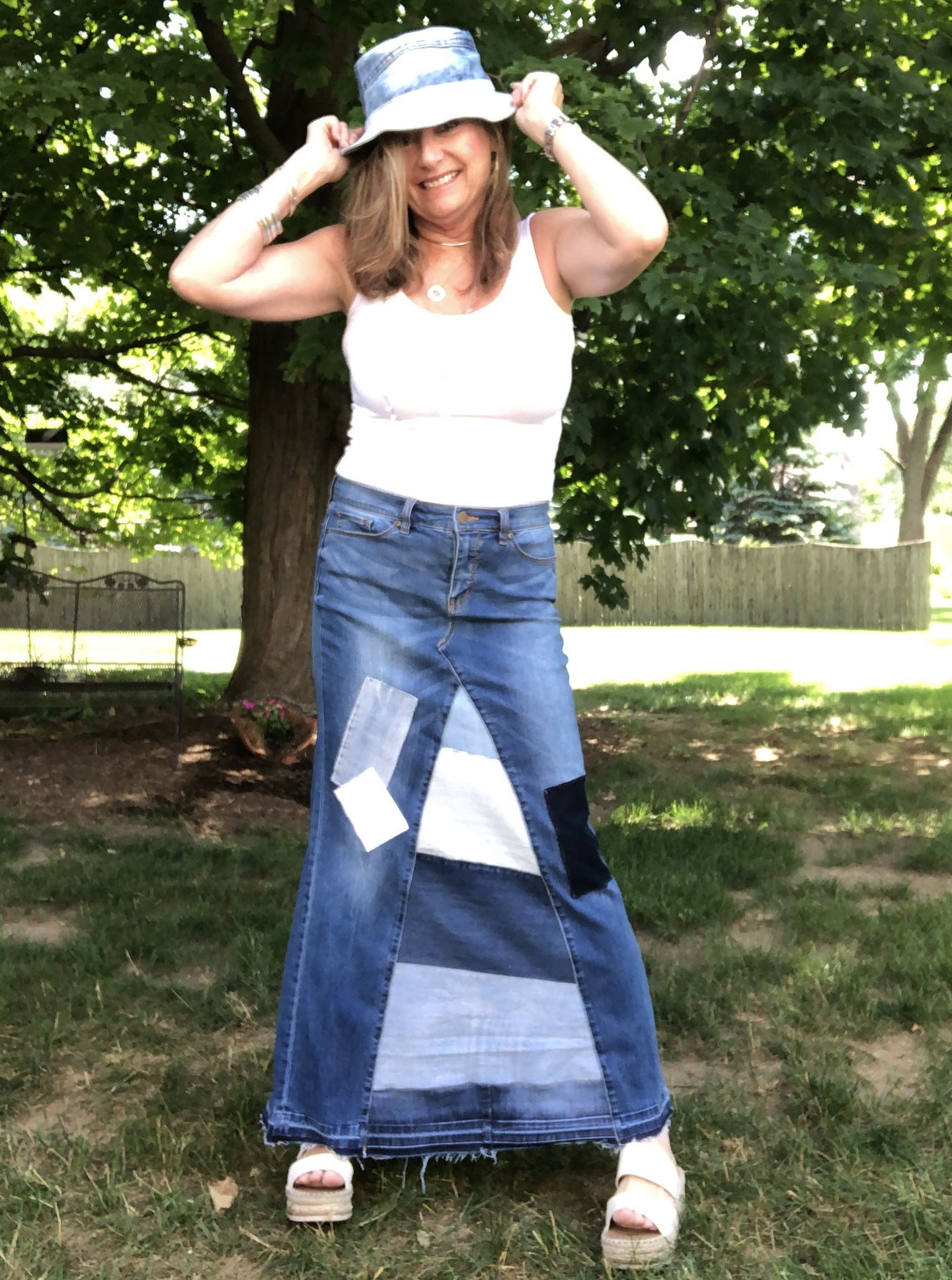 long blue patchy denim maxi skirt, (size 8)
