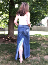 Load image into Gallery viewer, long blue patchy denim maxi skirt, (size 8)

