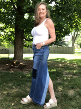 Load image into Gallery viewer, long blue patchy denim maxi skirt, (size 8)
