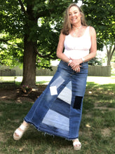 Load image into Gallery viewer, long blue patchy denim maxi skirt, (size 8)
