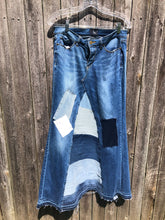 Load image into Gallery viewer, long blue patchy denim maxi skirt, (size 8)
