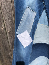 Load image into Gallery viewer, long blue patchy denim maxi skirt, (size 8)
