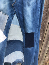 Load image into Gallery viewer, long blue patchy denim maxi skirt, (size 8)
