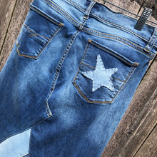 Load image into Gallery viewer, long blue patchy denim maxi skirt, (size 8)
